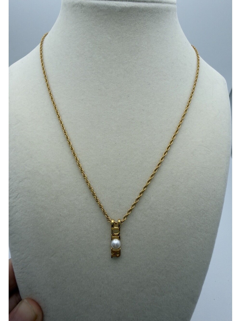 Authentic Vintage Rare Christian Dior Gold Plated Faux Pearl Necklace Logo